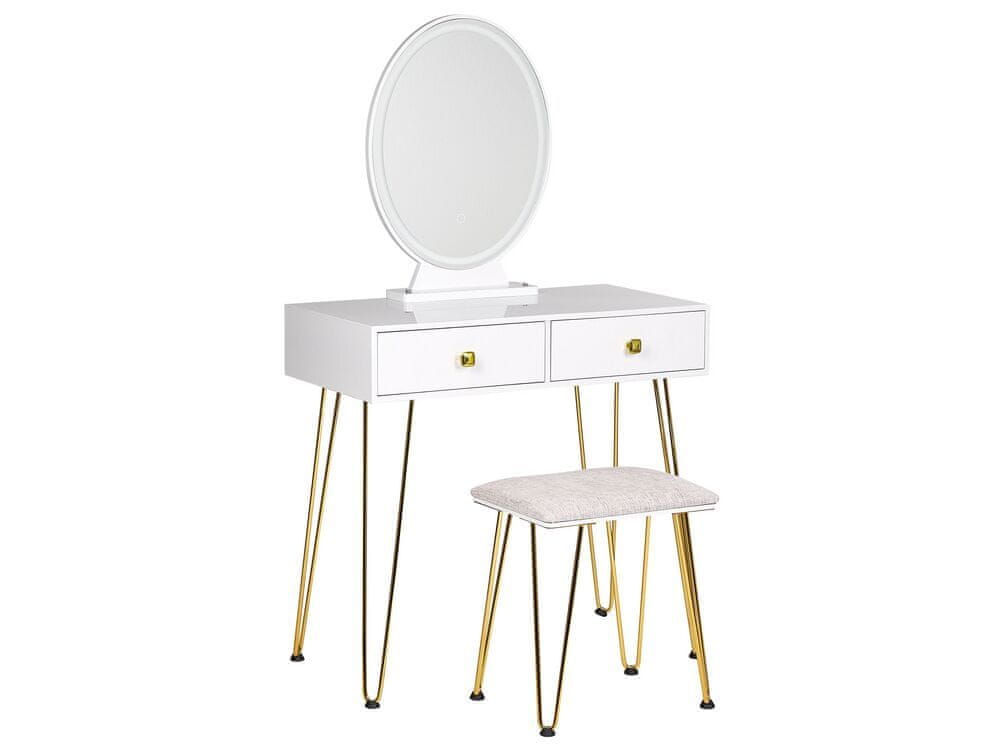 Beliani Toaletný stolík s 2 zásuvkami a LED zrkadlom biela/zlatá CAEN